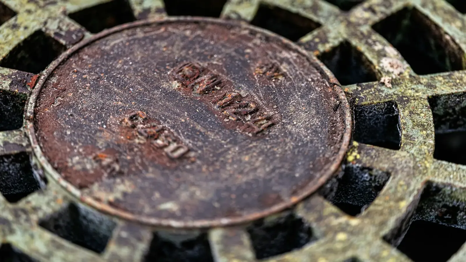 A rusted round cleanout cover set in a cast-iron grate